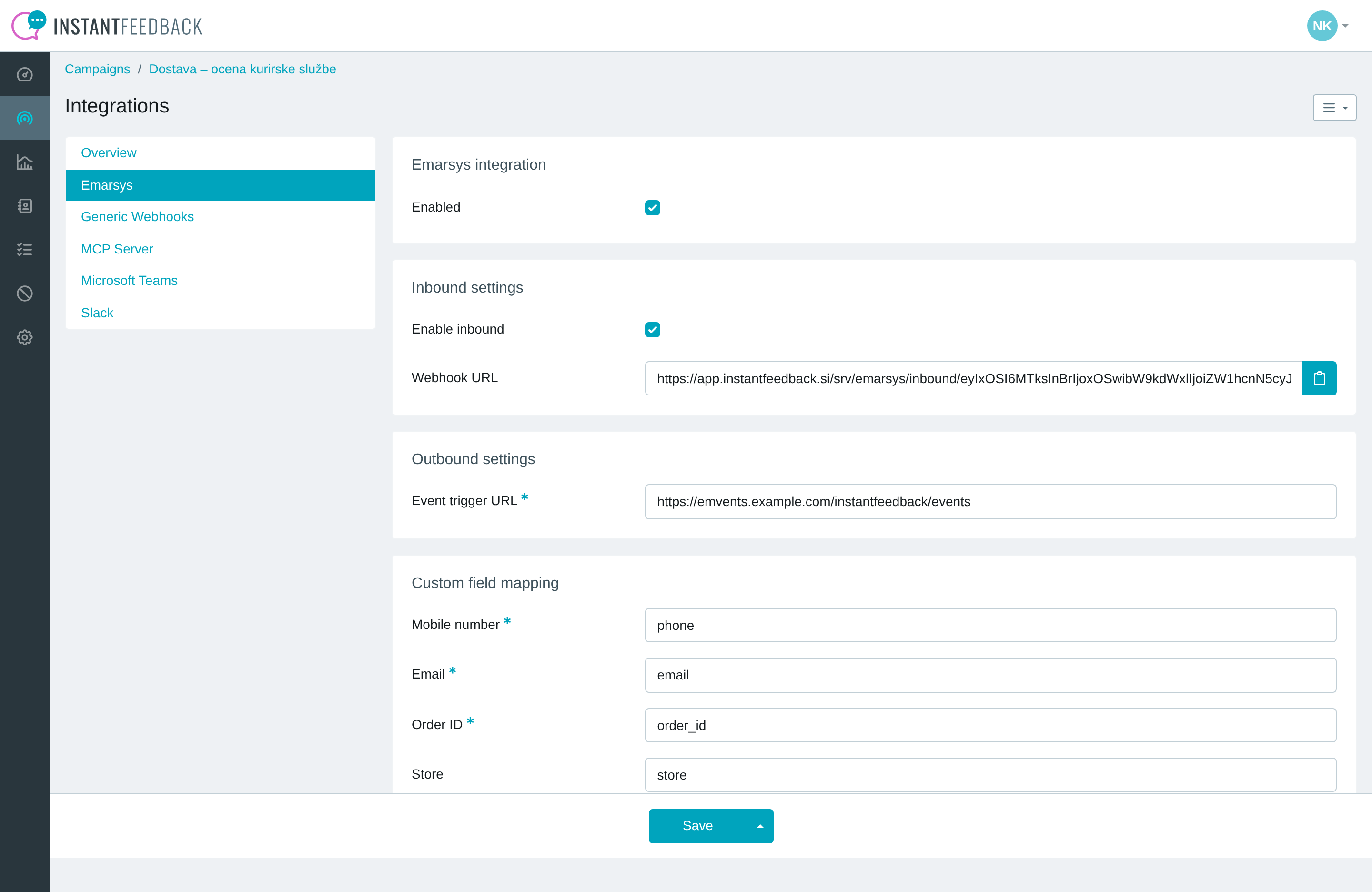 The Emarsys tab in the campaign's Integrations settings