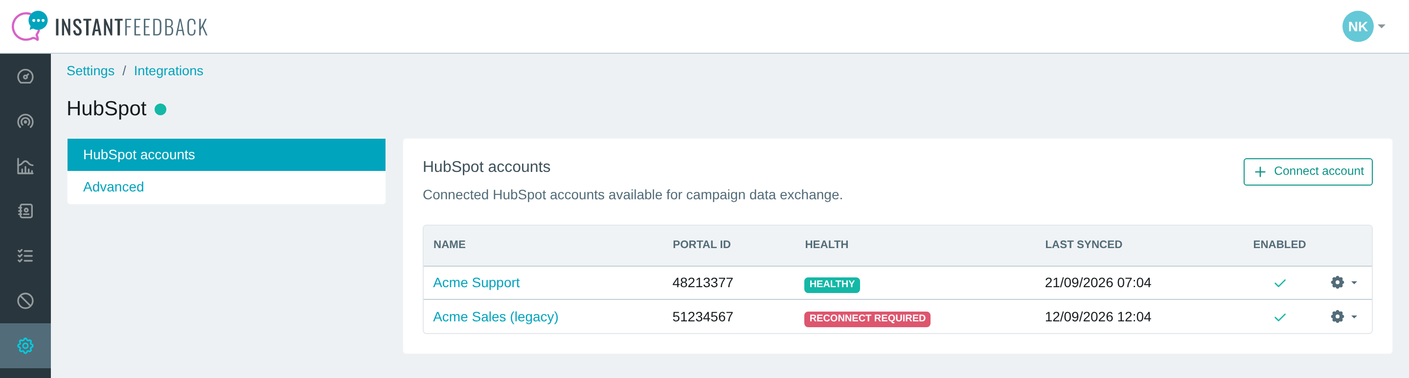 The HubSpot accounts tab with one connected account