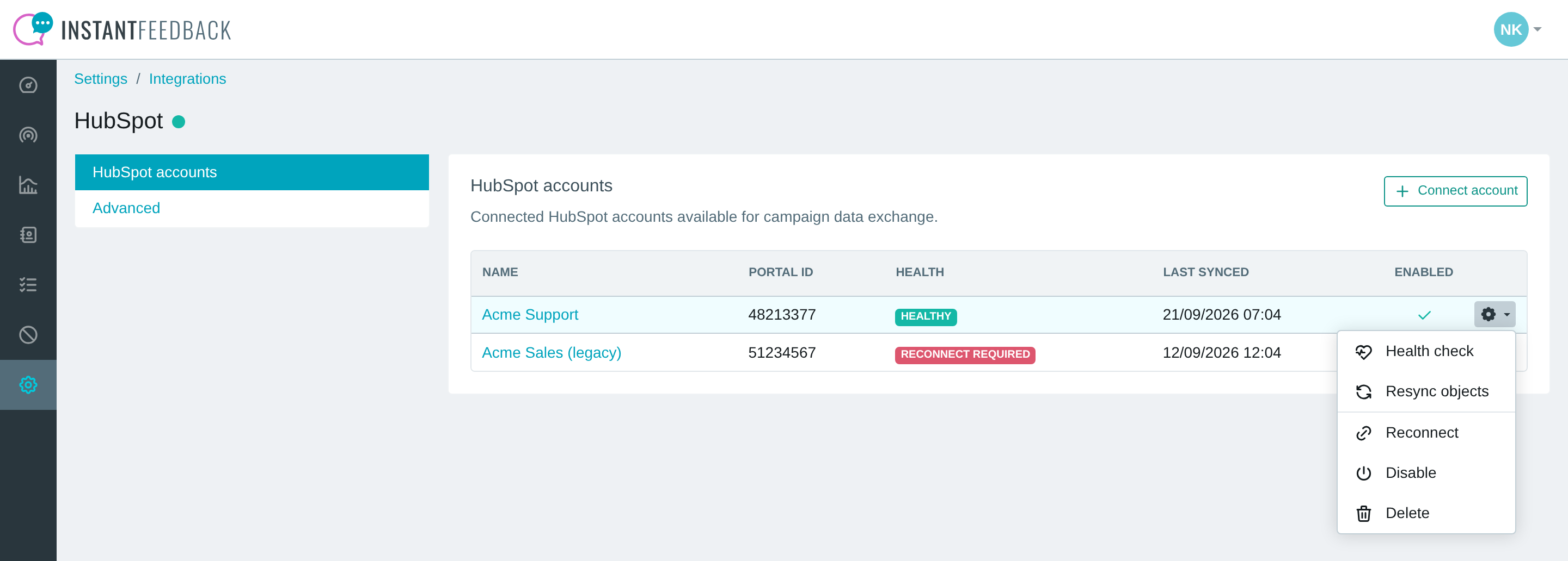 The account menu with Health check, Resync objects, Reconnect, Disable and Delete