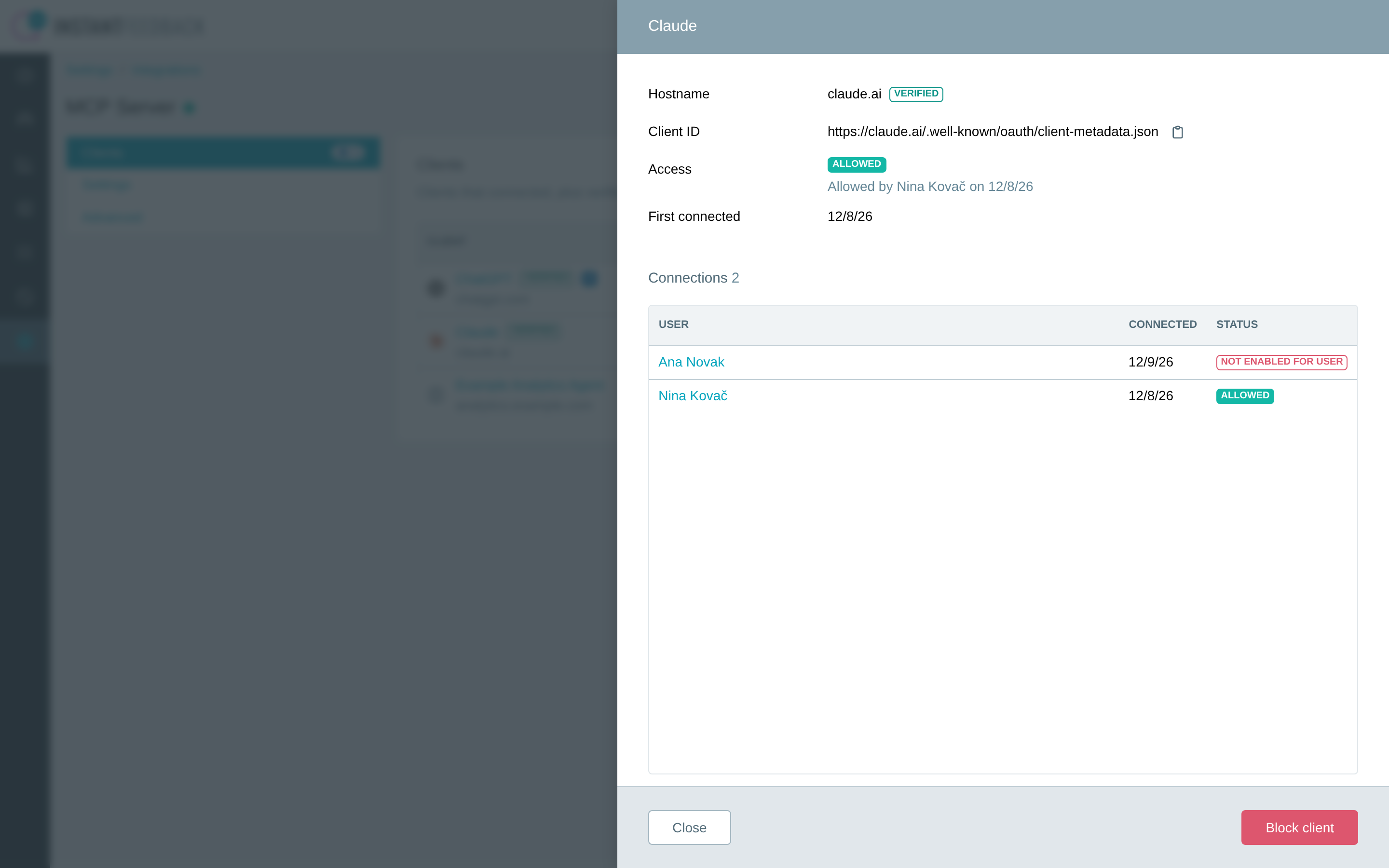 The client details dialog for Claude