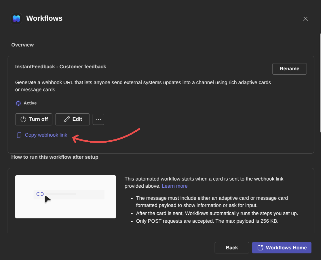 The workflow overview with the Copy webhook link action