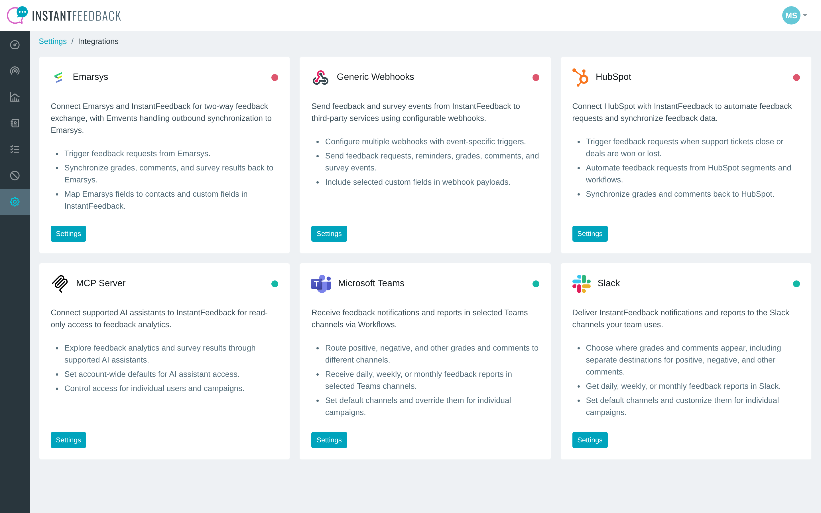 The Integrations page with the Slack tile