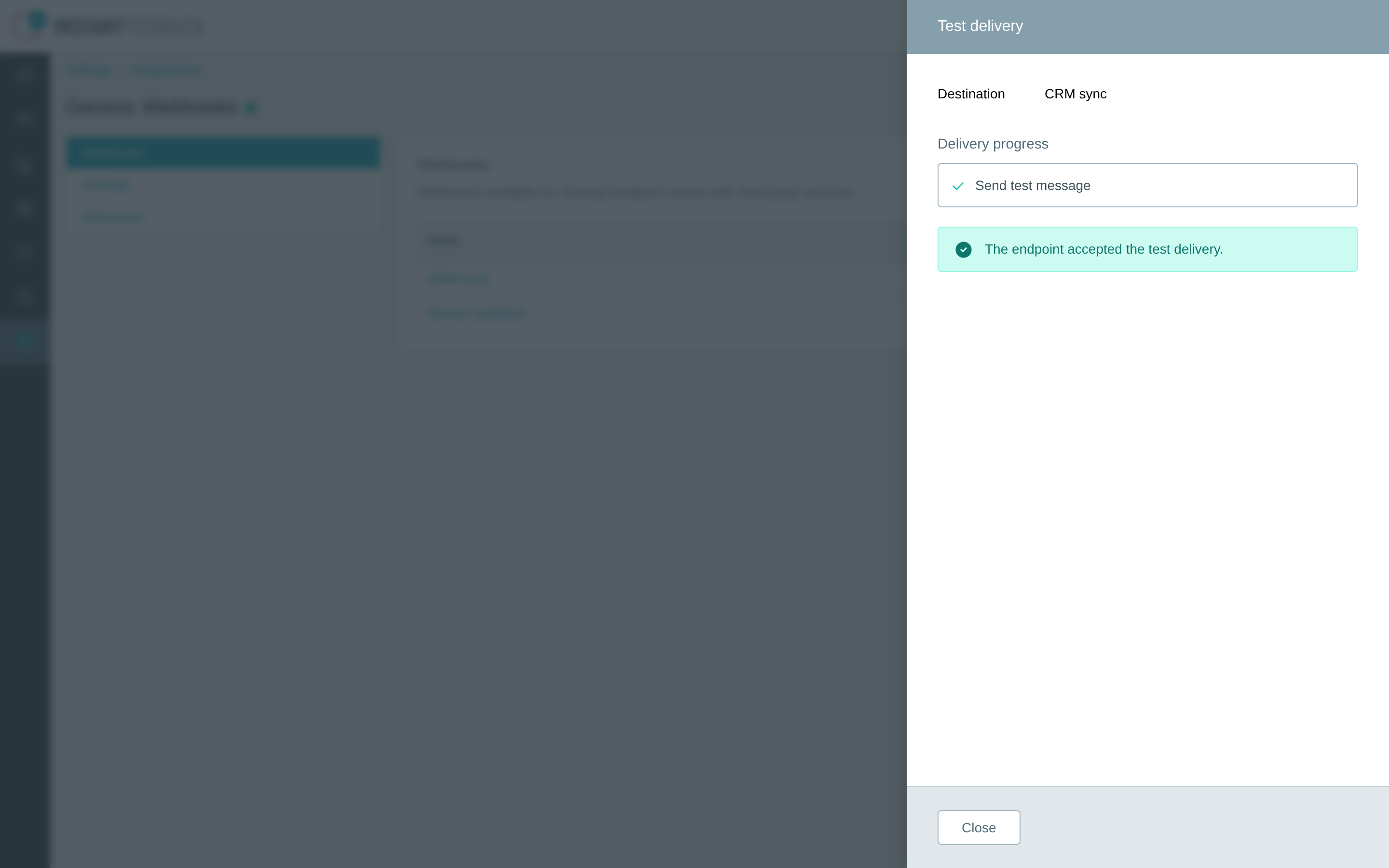 The Test delivery dialog after a successful test